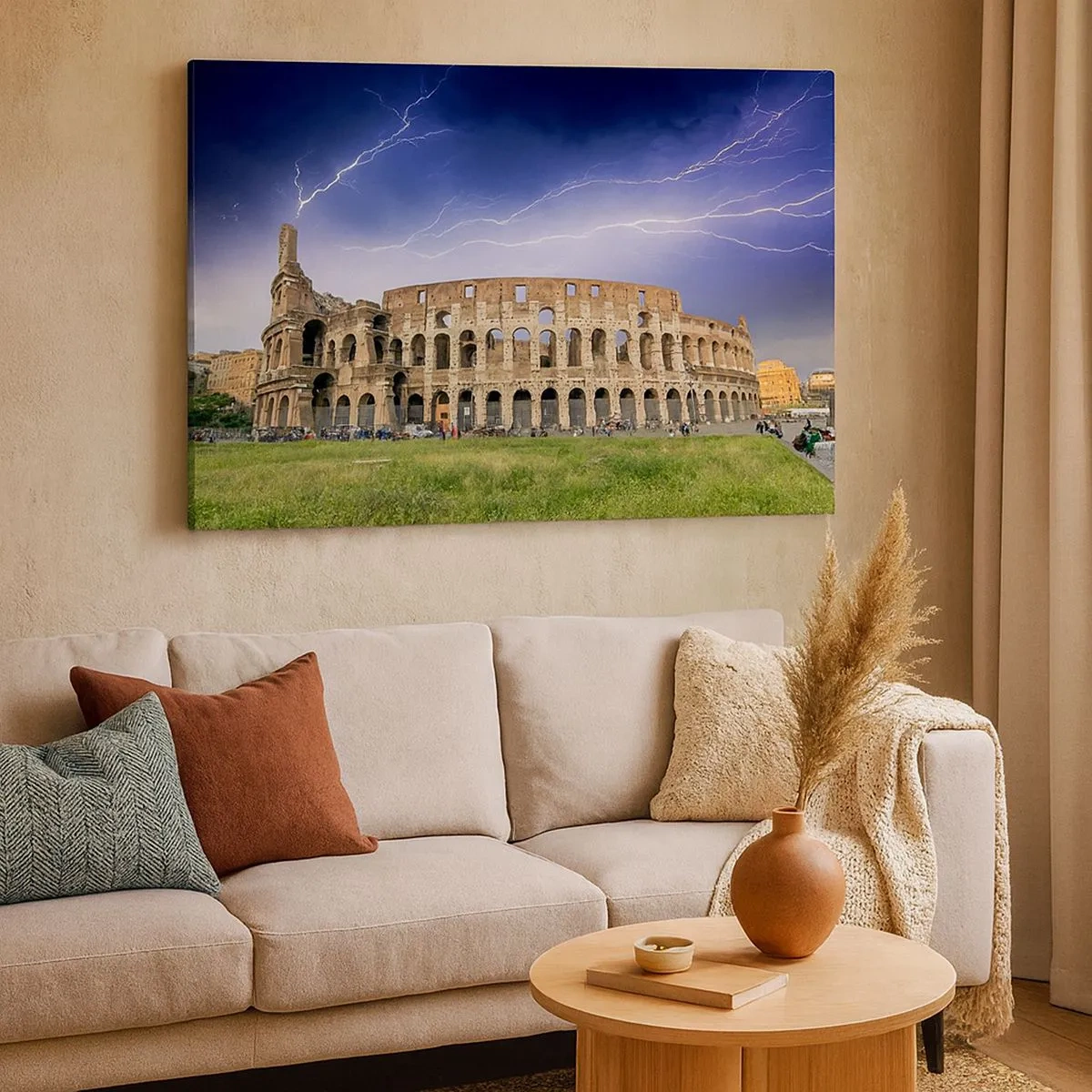 Tablou pe pânză Canvas - Colosseumul din Roma iluminat de fulgere - 70x50cm - Arena de luptă - Decorațiune modernă pentru perete pentru living și dormitor ARTTOR