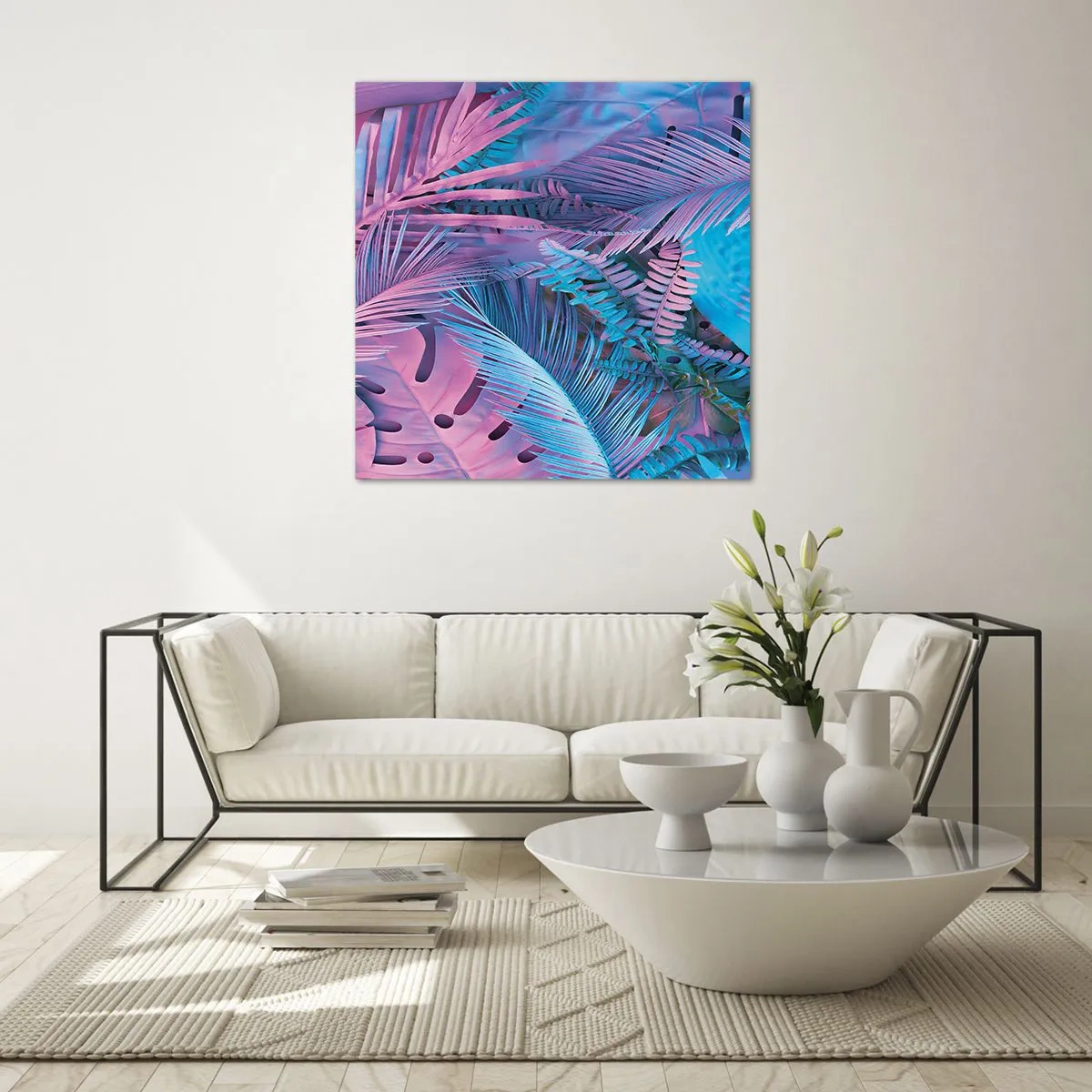 Tablou pe sticlă - Palmieri în alb și albastru - 60x60 cm