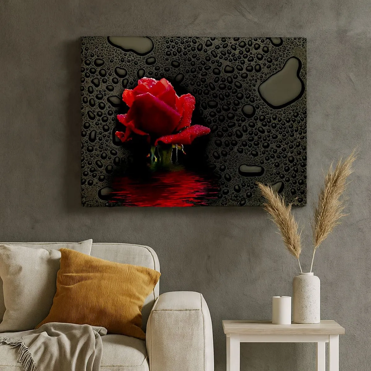 Tablou pe pânză Canvas - Trandafir roșu cu picături de apă pe un fundal întunecat - 70x50cm - Roșu și negru - Decorațiune modernă pentru perete pentru living și dormitor ARTTOR