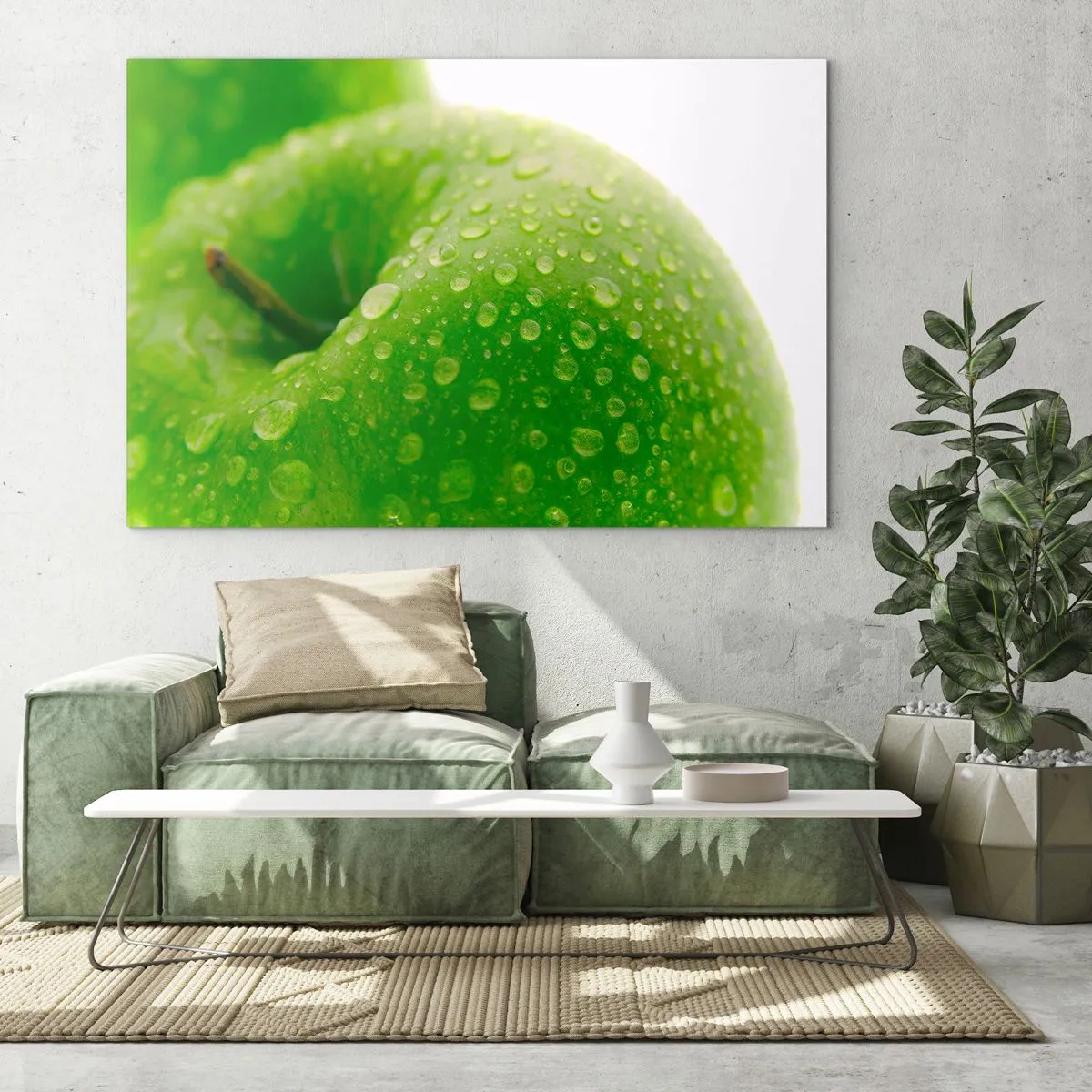 Tablou pe sticlă - Un măr verde acoperit cu picături de apă - 70x50cm - Prospețime verde rece - Decorațiune modernă pentru perete pentru living și dormitor ARTTOR