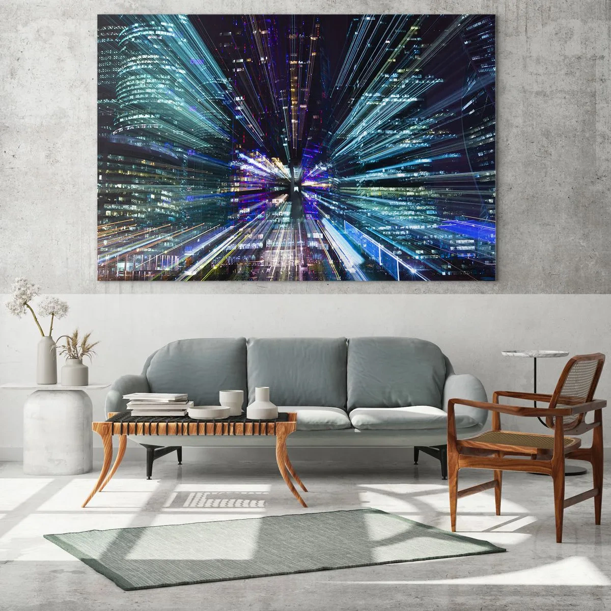 Tablou pe sticlă - Linii de lumină dinamice pe fundalul unui oraș nocturn - 70x50cm - Trecere către hiperspațiu - Decorațiune modernă pentru perete pentru living și dormitor ARTTOR
