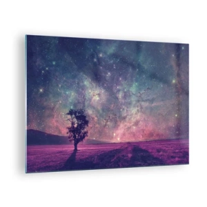 Tablou pe sticlă - Un copac pe fundalul unui cer înstelat și al unei galaxii - 70x50cm - Sub un cer magic - Decorațiune modernă pentru perete pentru living și dormitor ARTTOR