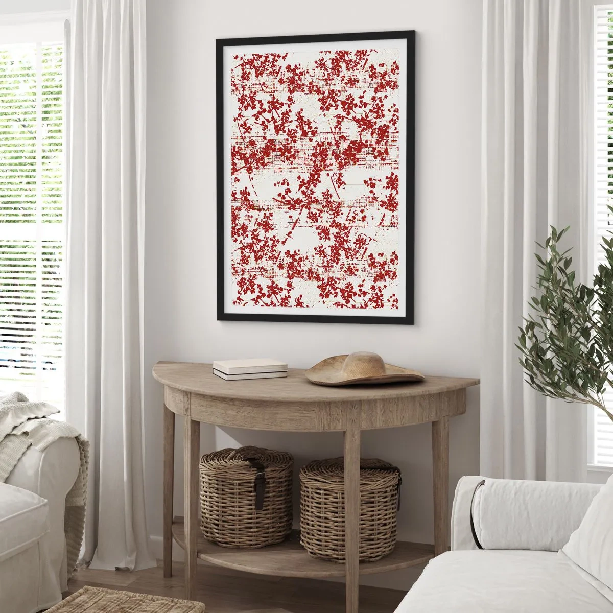 Poster în ramă neagră - Accente florale roșii pe un fundal deschis - 50x70cm - Ca un percal vechi - Decorațiune modernă pentru perete pentru living și dormitor ARTTOR