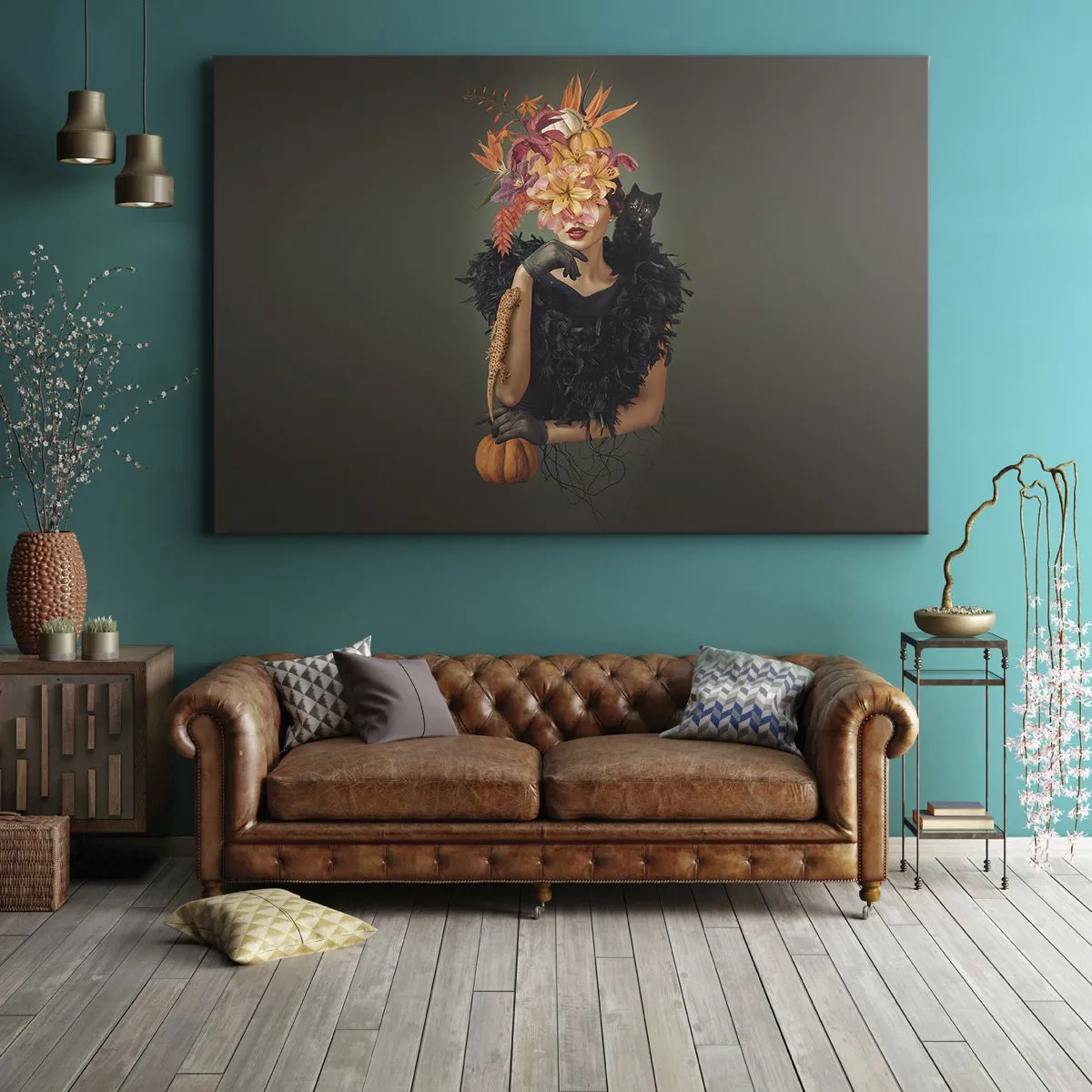 Tablou pe pânză Canvas - Portret de femeie cu motive de toamnă și o pisică - 70x50cm - Magia vrăjitoarei - Decorațiune modernă pentru perete pentru living și dormitor ARTTOR