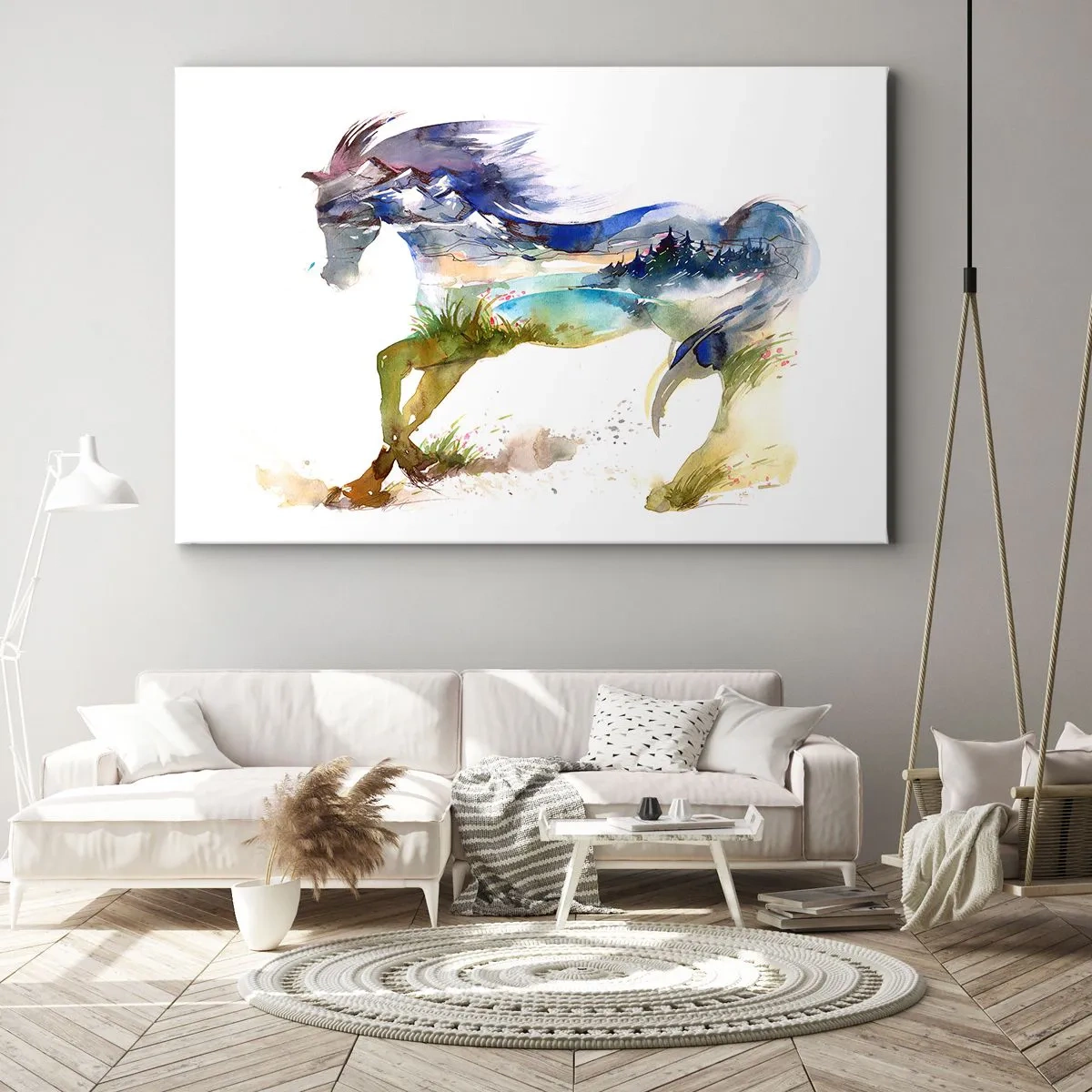 Tablou pe pânză Canvas - Acuarelă a unui cal cu un peisaj montan în siluetă - 70x50cm - De pe pajiște direct spre cer - Decorațiune modernă pentru perete pentru living și dormitor ARTTOR
