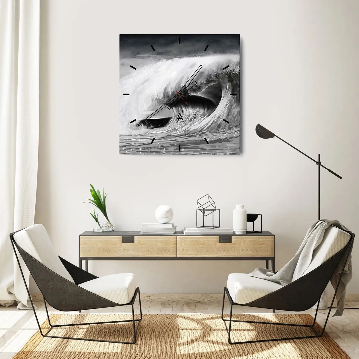 Ceas de perete - Ceas pe sticlă - Mânia oceanului - 30x30 cm