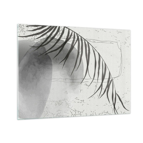 Tablou pe sticlă - Grafică cu umbră de frunze de palmier alb-negru - 70x50cm - Exotismul subtil al naturii - Decorațiune modernă pentru perete pentru living și dormitor ARTTOR