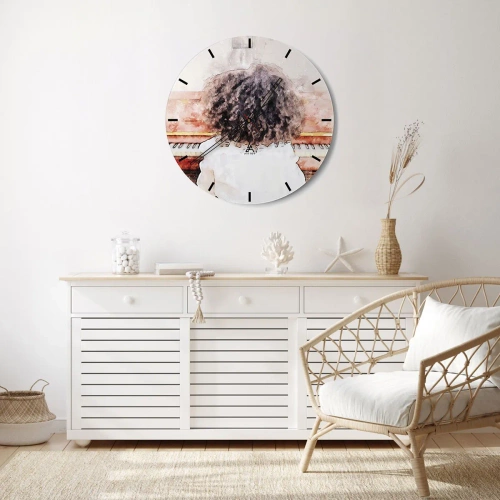 Ceas de perete - Ceas pe sticlă - Un copil cântând la pian, văzut din spate într-un stil artistic. - 30x30cm - Într-o lume a muzicii - Decorațiune modernă pentru perete pentru living, bucătărie și dormitor ARTTOR
