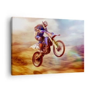 Tablou pe pânză Canvas - Un motociclist în zbor în timpul unei plimbări dinamice off-road - 70x50cm - Nebunie motociclistă - Decorațiune modernă pentru perete pentru living și dormitor ARTTOR