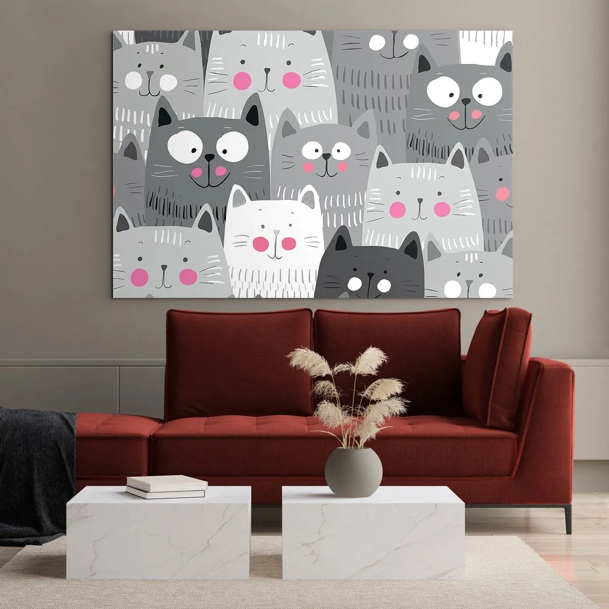 Tablou pe sticlă - Pisici amuzante în culori gri pe fundal alb - 70x50cm - Lumea felină - Decorațiune modernă pentru perete pentru living și dormitor ARTTOR