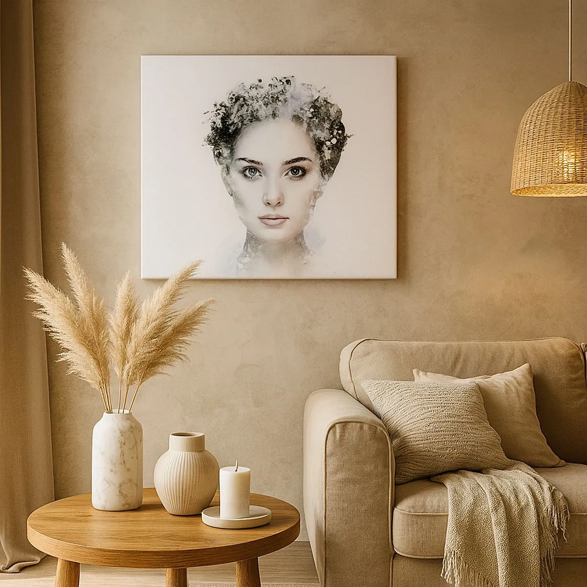 Tablou pe pânză Canvas - Un portret artistic al unei femei cu accente abstracte delicate. - 70x50cm - Un portret extrem de elegant - Decorațiune modernă pentru perete pentru living și dormitor ARTTOR