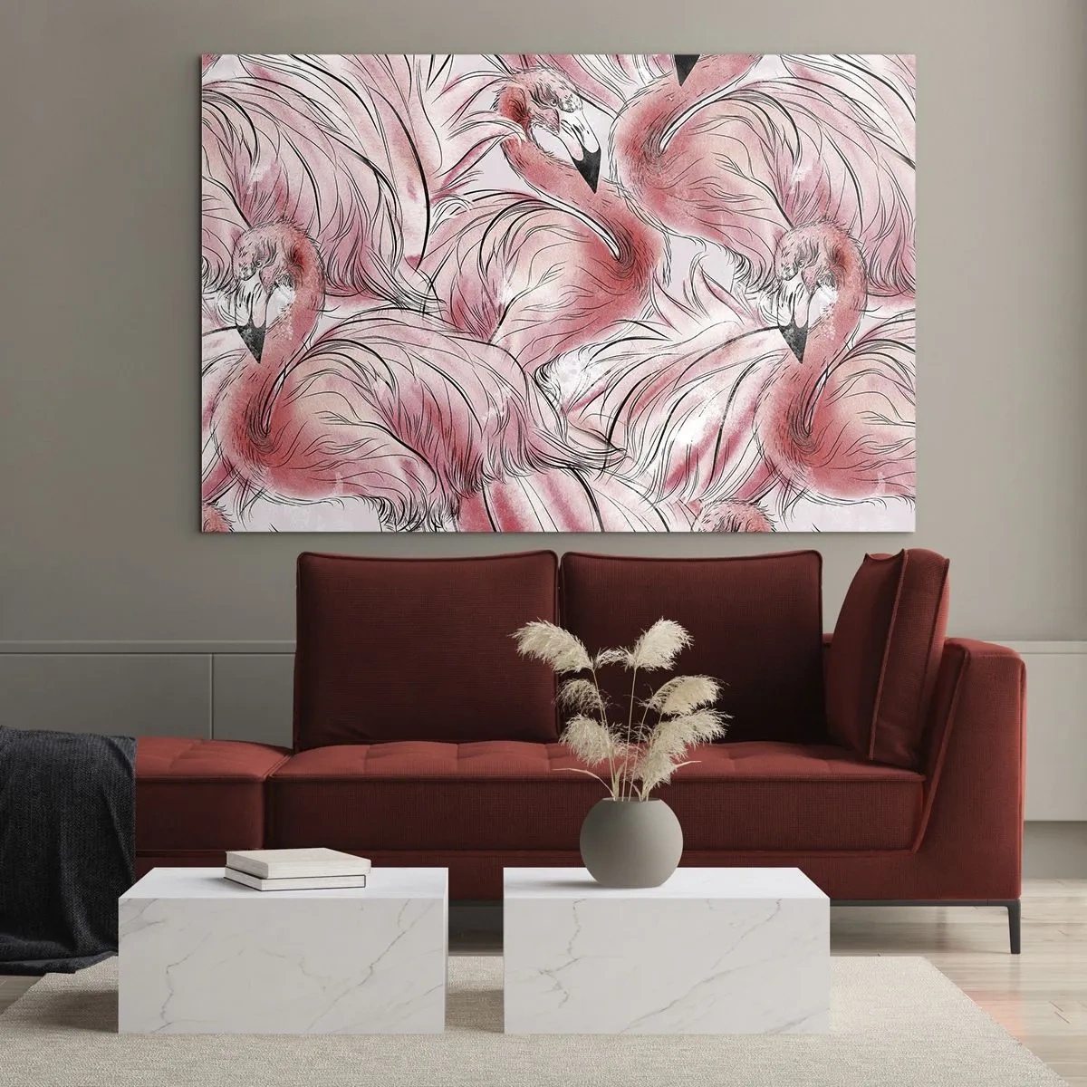 Tablou pe sticlă - Flamingi roz într-un stil decorativ de desene animate - 70x50cm - Corpul de balet al păsărilor - Decorațiune modernă pentru perete pentru living și dormitor ARTTOR