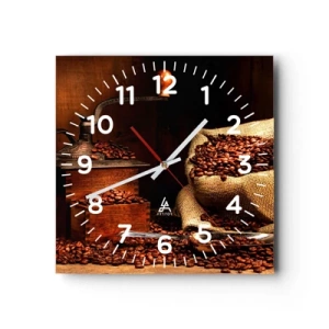 Ceas de perete - Ceas pe sticlă - Natură moartă cu boabe de cafea și măcinător - 30x30 cm