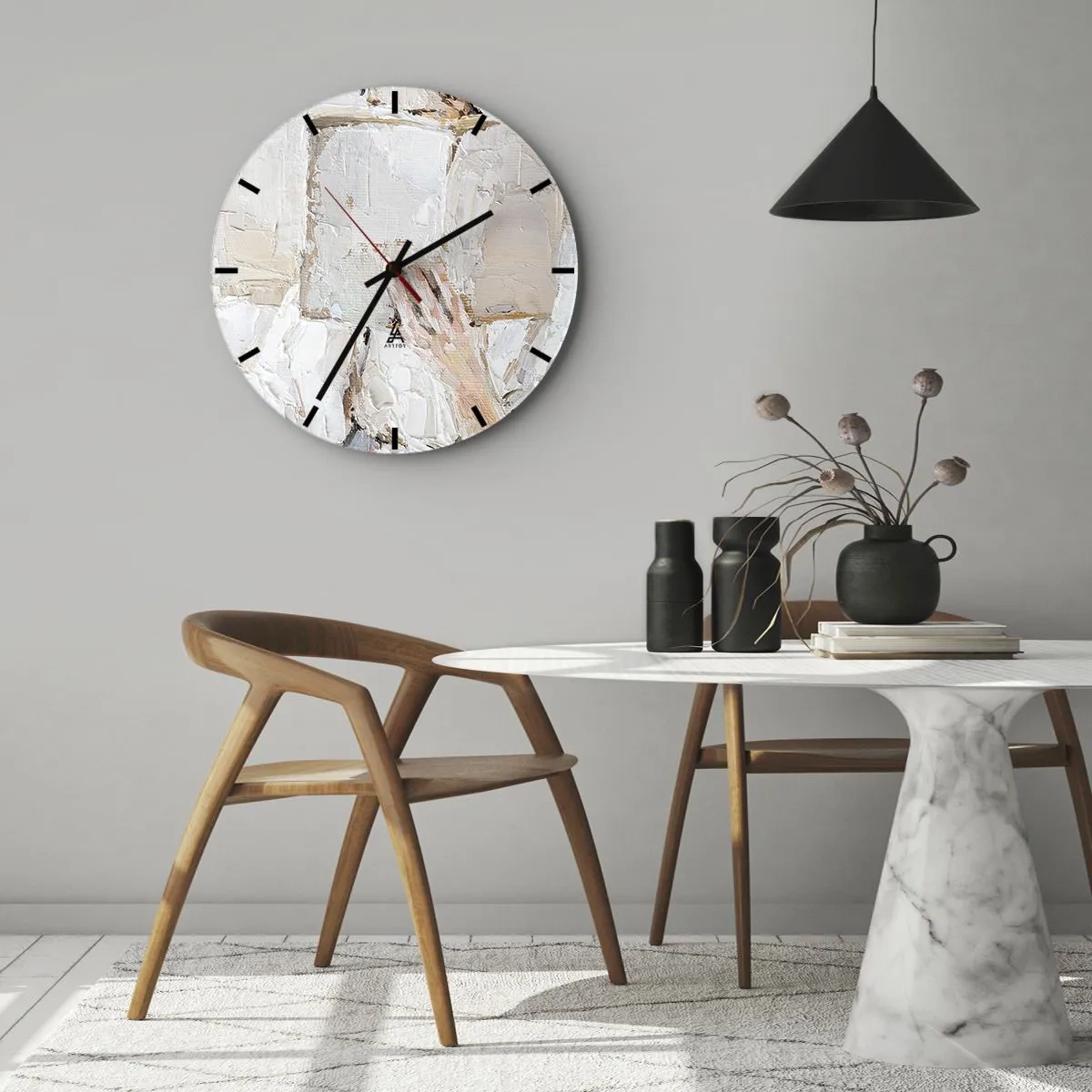 Ceas de perete - Ceas pe sticlă - O compoziție picturală texturată în culori bej și alb - 30x30cm - Într-o altă lume - Decorațiune modernă pentru perete pentru living, bucătărie și dormitor ARTTOR