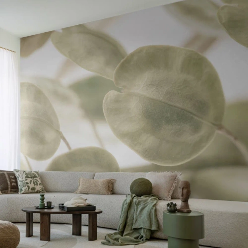 Tapet Standard Eco - Frunze delicate verde deschis pe un fundal deschis - 100x70cm - La început au fost frunzele... - Decorațiune modernă pentru perete pentru living și dormitor ARTTOR