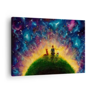 Tablou pe pânză Canvas - Figuri pe un deal verde înconjurat de un cer înstelat - 70x50cm - Dragoste și prietenie - întreaga lume - Decorațiune modernă pentru perete pentru living și dormitor ARTTOR