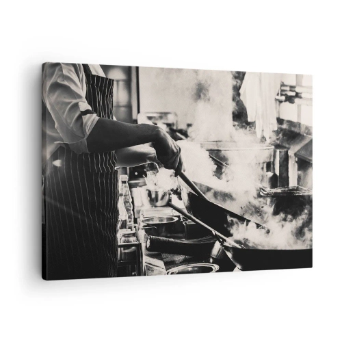 Tablou pe pânză Canvas - Un bucătar la lucru în bucătărie, cu abur ieșind dintr-o tigaie - 70x50cm - Alchimia aromelor - Decorațiune modernă pentru perete pentru living și dormitor ARTTOR