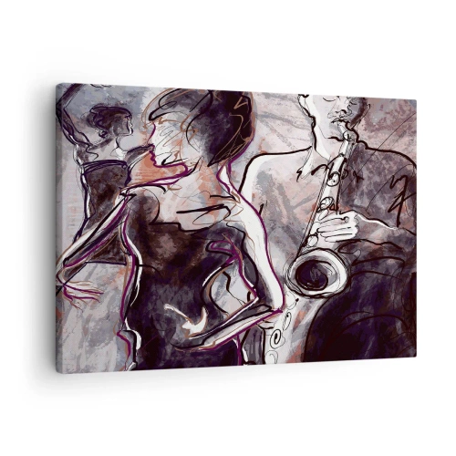 Tablou pe pânză Canvas - Scenă de jazz abstractă cu un saxofonist și o dansatoare. - 70x50cm - Se dizolvă în muzică - Decorațiune modernă pentru perete pentru living și dormitor ARTTOR