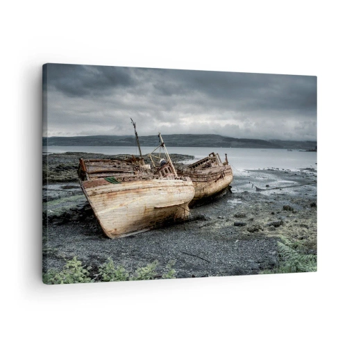 Tablou pe pânză Canvas - Bărci abandonate pe țărm într-o scenă ploioasă - 70x50cm - Ca semn al unei munci făcute cu demnitate - Decorațiune modernă pentru perete pentru living și dormitor ARTTOR