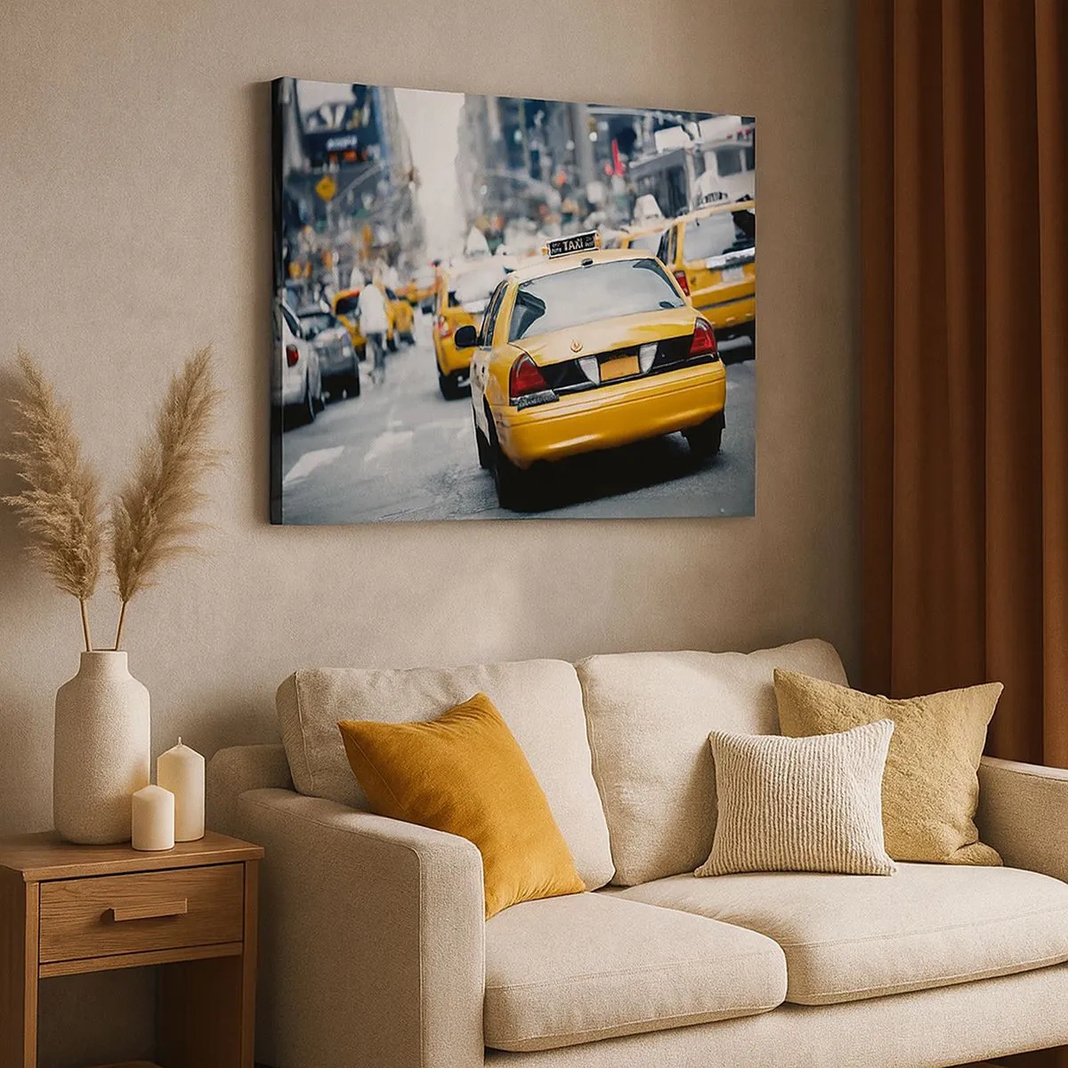 Tablou pe pânză Canvas - Taxiuri galbene pe o stradă aglomerată din centrul metropolei - 70x50cm - Doar în acest oraș - Decorațiune modernă pentru perete pentru living și dormitor ARTTOR