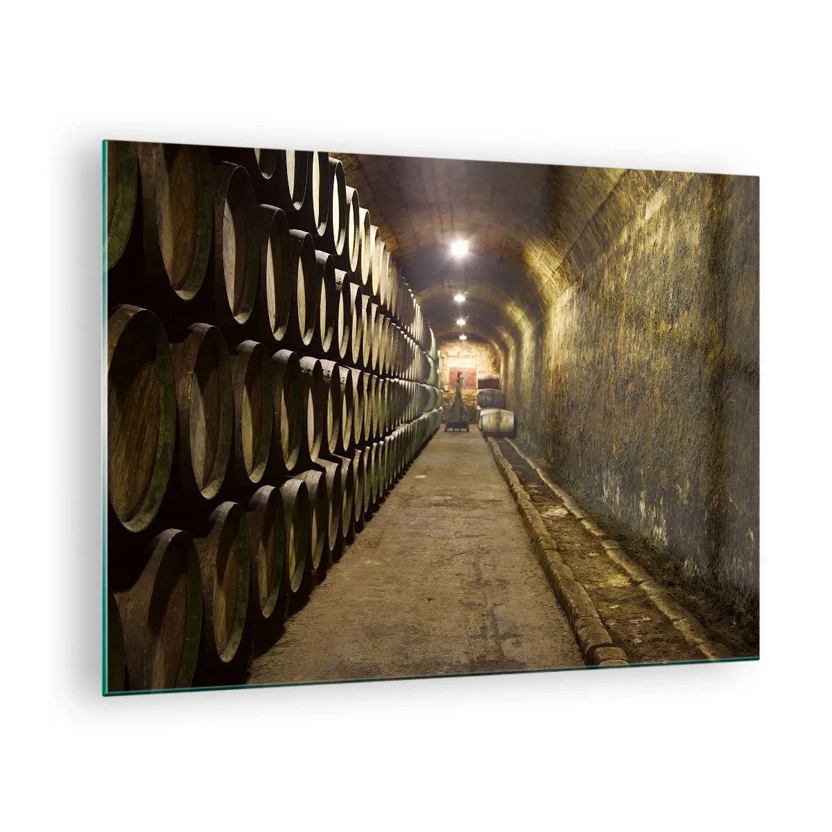 Tablou pe sticlă - Pivniță de vinuri cu rânduri de butoaie - 70x50cm - Este bine să te întinzi - Decorațiune modernă pentru perete pentru living și dormitor ARTTOR