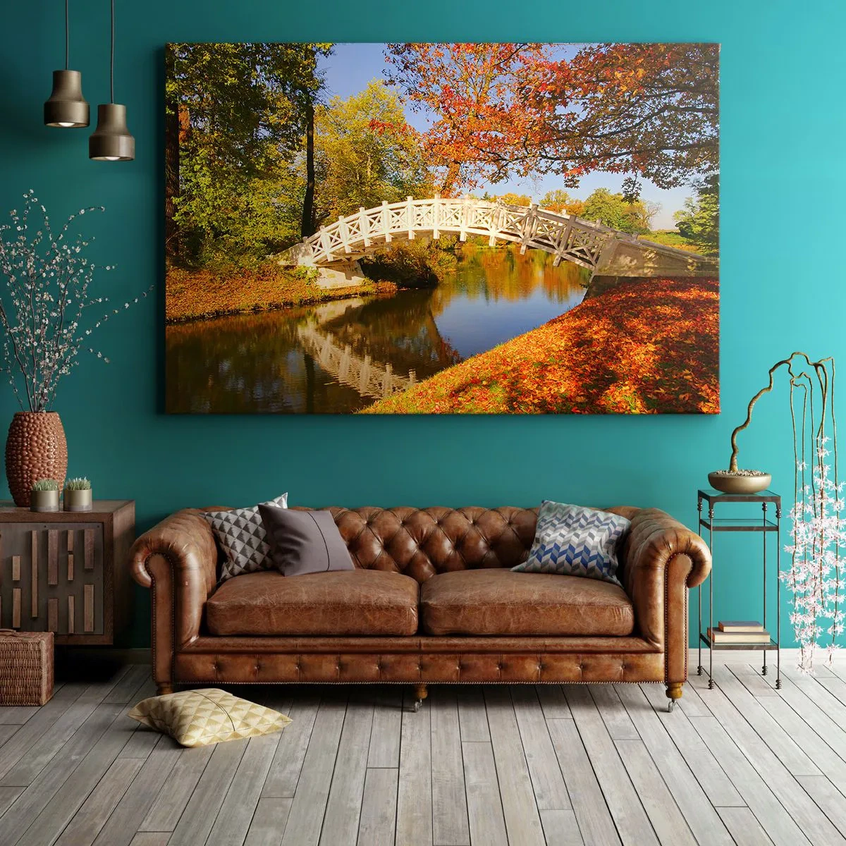 Tablou pe pânză Canvas - Un pod într-un parc înconjurat de frunze de toamnă peste o apă calmă - 70x50cm - Pe podul alb al suspinelor - Decorațiune modernă pentru perete pentru living și dormitor ARTTOR