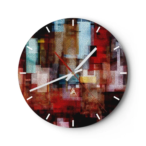 Ceas de perete - Ceas pe sticlă - Compoziții abstracte în nuanțe de roșu și auriu cu un model geometric - 30x30cm - Totul și nimic - Decorațiune modernă pentru perete pentru living, bucătărie și dormitor ARTTOR