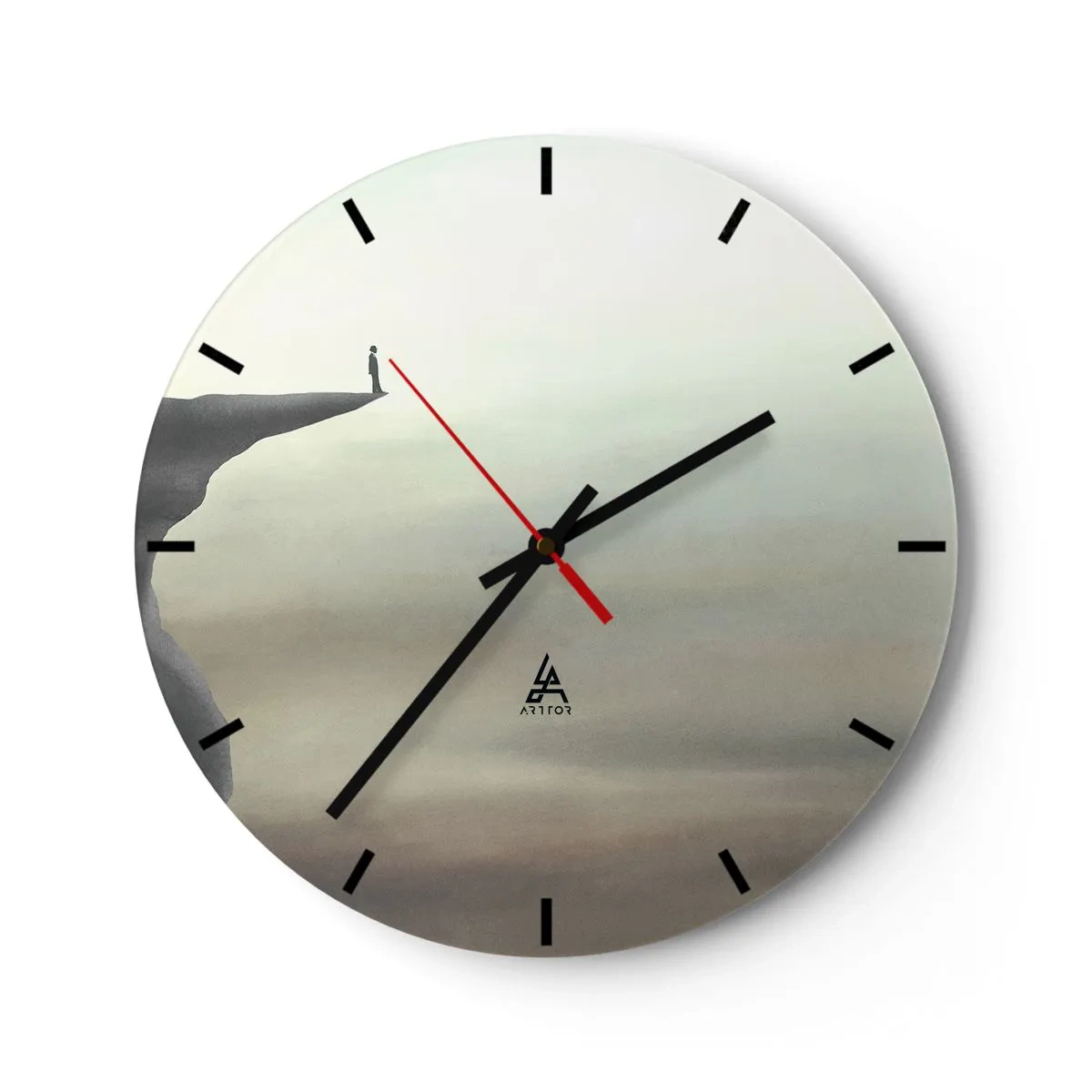 Ceas de perete - Ceas pe sticlă - O figură stând pe marginea unei stânci într-un peisaj minimalist - 30x30cm - În sus, bineînțeles! - Decorațiune modernă pentru perete pentru living, bucătărie și dormitor ARTTOR