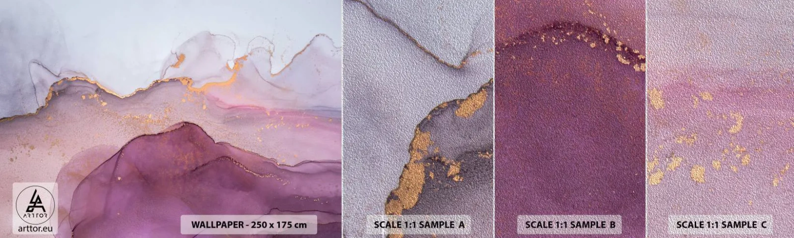 Mostră tapet Premium Sand - Valuri de liliac și violet - Abstracția, Bucată, Artă Modernă. - 100x30 cm