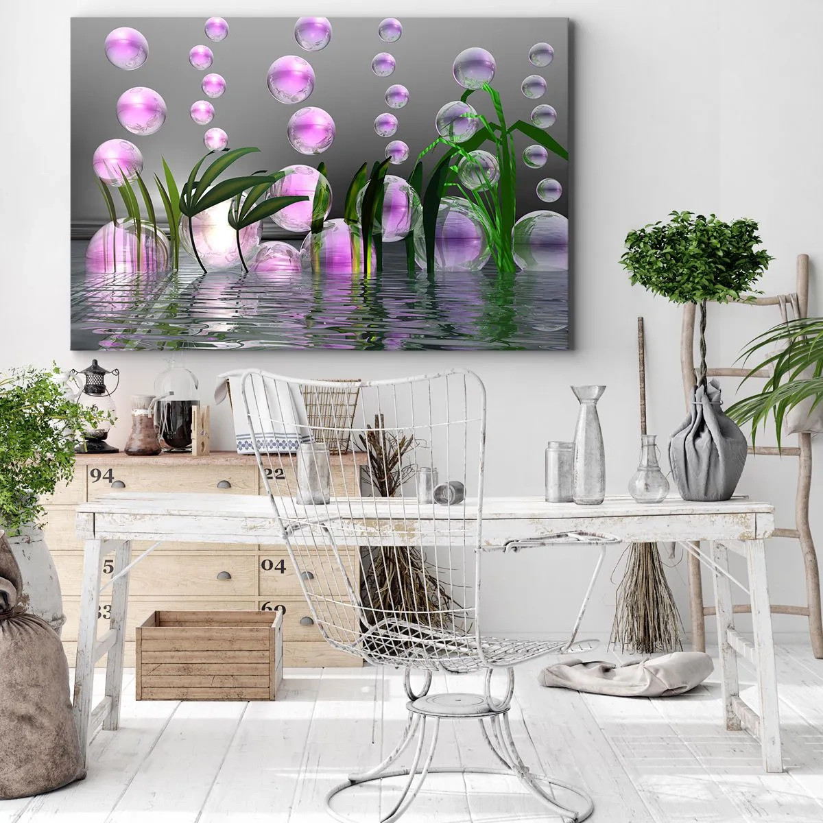 Tablou pe pânză Canvas - Frunze verzi și bule roz deasupra apei pe un fundal gri - 70x50cm - O compoziție reflexivă de luminozitate și viață - Decorațiune modernă pentru perete pentru living și dormitor ARTTOR