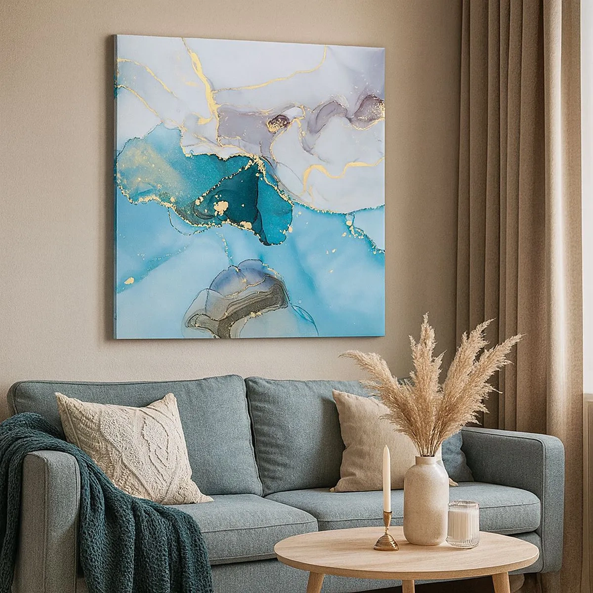 Tablou pe pânză - Un studiu al întâlnirii dintre gri și turcoaz - 30x30 cm