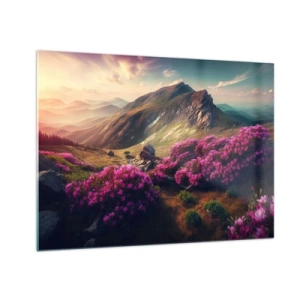 Tablou pe sticlă - Peisaj montan de vară cu erică roz înflorită - 70x50cm - Vara la munte - Decorațiune modernă pentru perete pentru living și dormitor ARTTOR