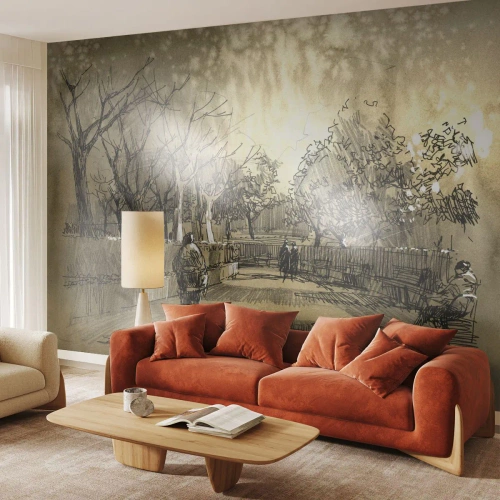 Tapet Premium Canvas - Un moment reținut cu pene - Aleea Parcului, Parc, Sepia - 350x256 cm