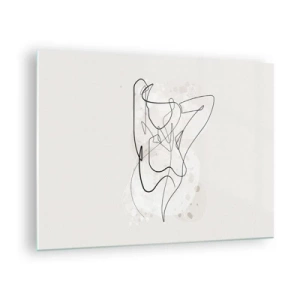 Tablou pe sticlă - O siluetă feminină desenată cu o singură linie pe un fundal deschis la culoare - 70x50cm - Arta seducției - Decorațiune modernă pentru perete pentru living și dormitor ARTTOR