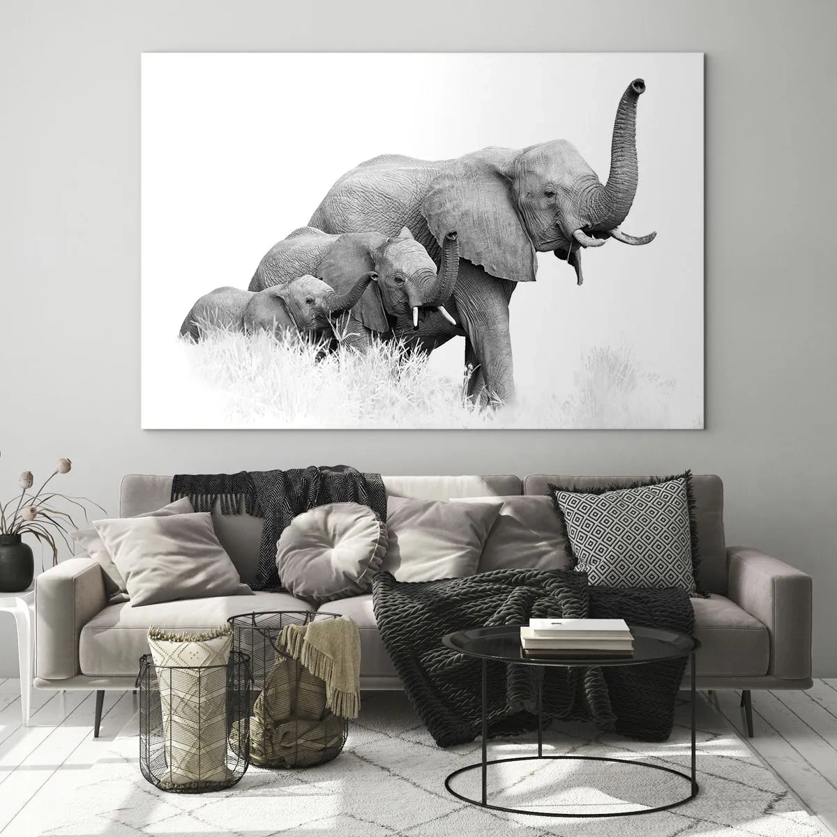 Tablou pe sticlă - Familie de elefanți alb-negri în natură - 70x50cm - Unu, doi, trei - Decorațiune modernă pentru perete pentru living și dormitor ARTTOR