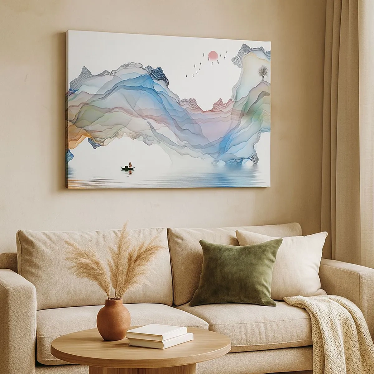 Tablou pe pânză Canvas - Un peisaj subtil cu munți, apă și o barcă - 70x50cm - Spre munții de cristal - Decorațiune modernă pentru perete pentru living și dormitor ARTTOR