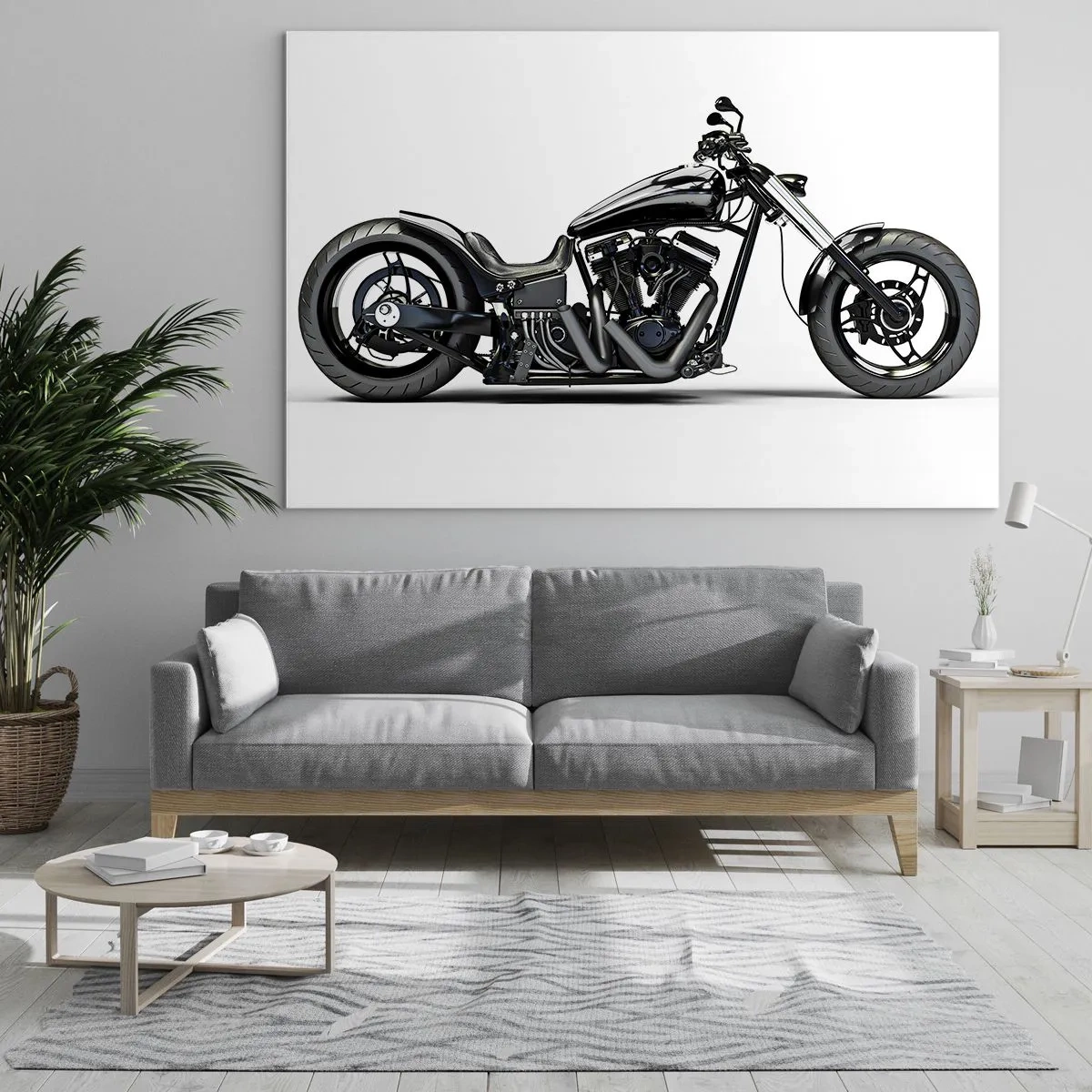 Tablou pe sticlă - Motocicletă personalizată neagră pe fundal alb - 70x50cm - Pentru iubitorii de libertate - Decorațiune modernă pentru perete pentru living și dormitor ARTTOR