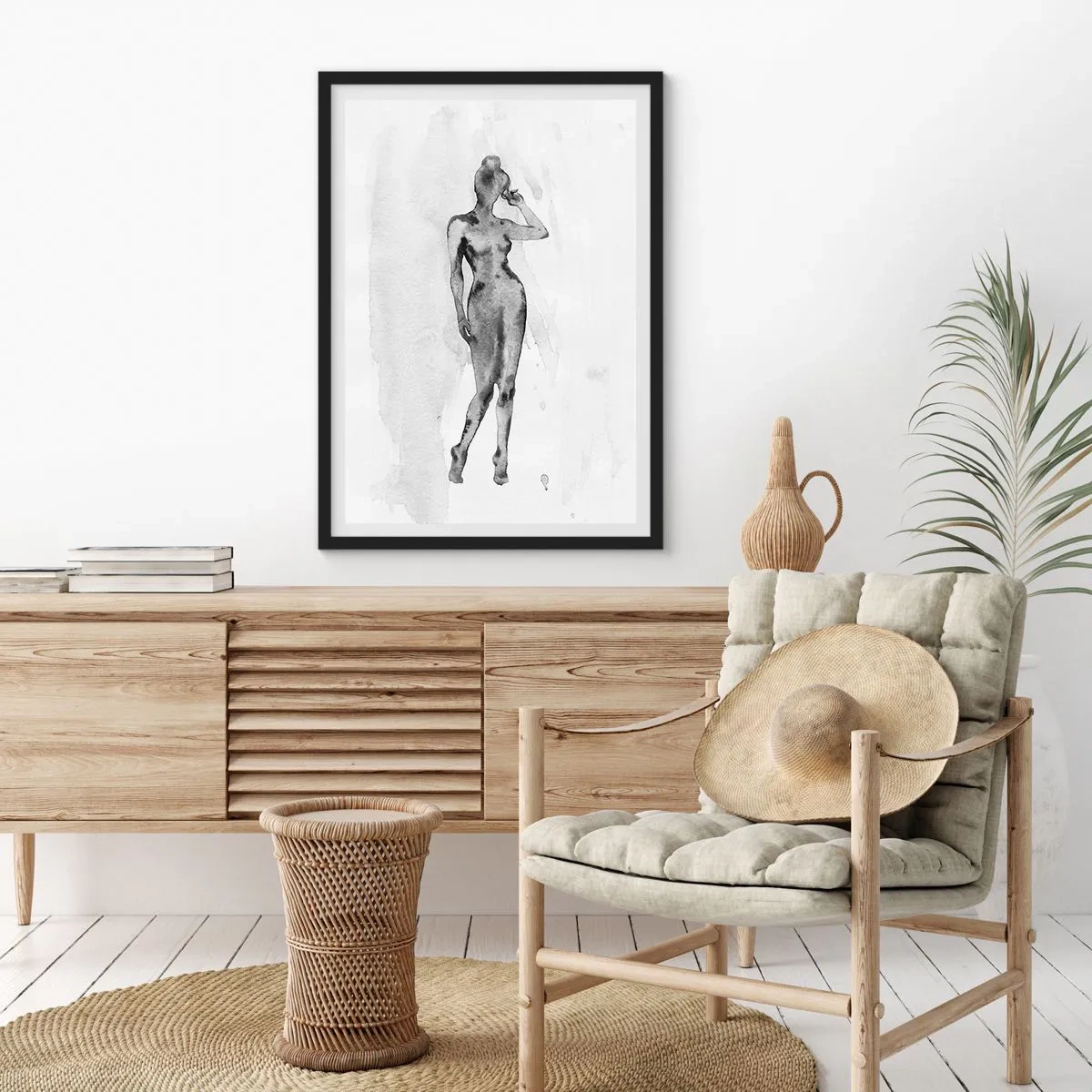Poster în ramă neagră - Silueta unei femei în tehnica acuarelei alb-negru - 50x70cm - Un studiu al idealului de feminitate - Decorațiune modernă pentru perete pentru living și dormitor ARTTOR