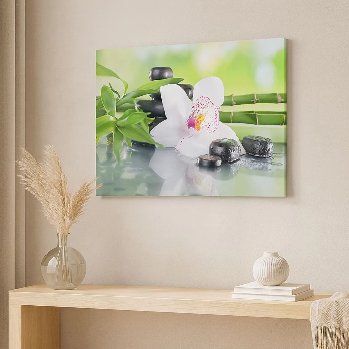Tablou pe pânză Canvas - Orhidee, pietre și bambus într-o compoziție spa armonioasă - 70x50cm - Prospețime răcoroasă - Decorațiune modernă pentru perete pentru living și dormitor ARTTOR