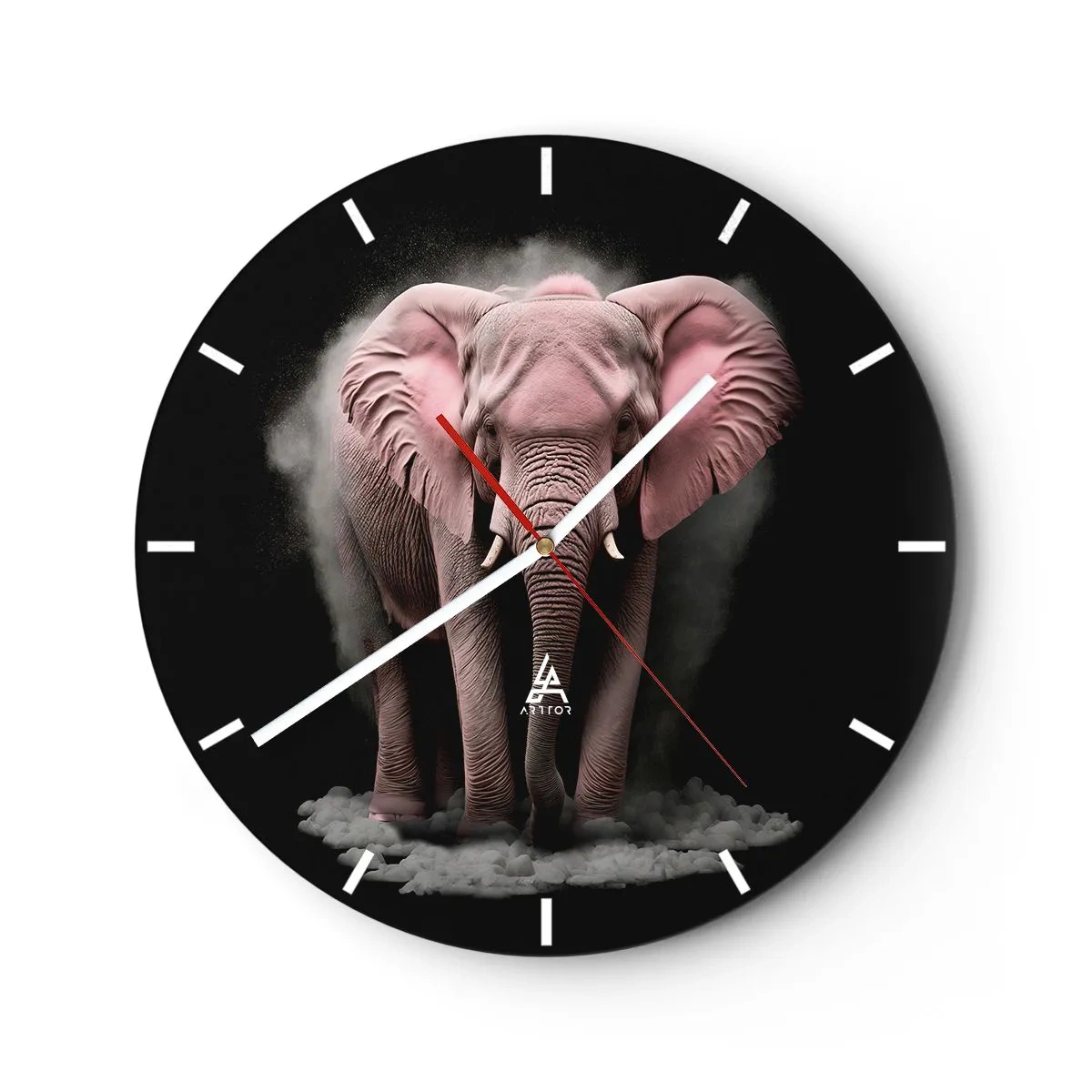 Ceas de perete - Ceas pe sticlă - Un elefant roz pe un fundal negru înconjurat de ceață - 30x30cm - Să nu te gândești la elefantul roz! - Decorațiune modernă pentru perete pentru living, bucătărie și dormitor ARTTOR
