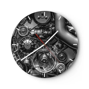 Ceas de perete - Ceas pe sticlă - Detaliu alb-negru al mecanismului unui motor de mașină - 30x30cm - Poezia mecanicii - Decorațiune modernă pentru perete pentru living, bucătărie și dormitor ARTTOR