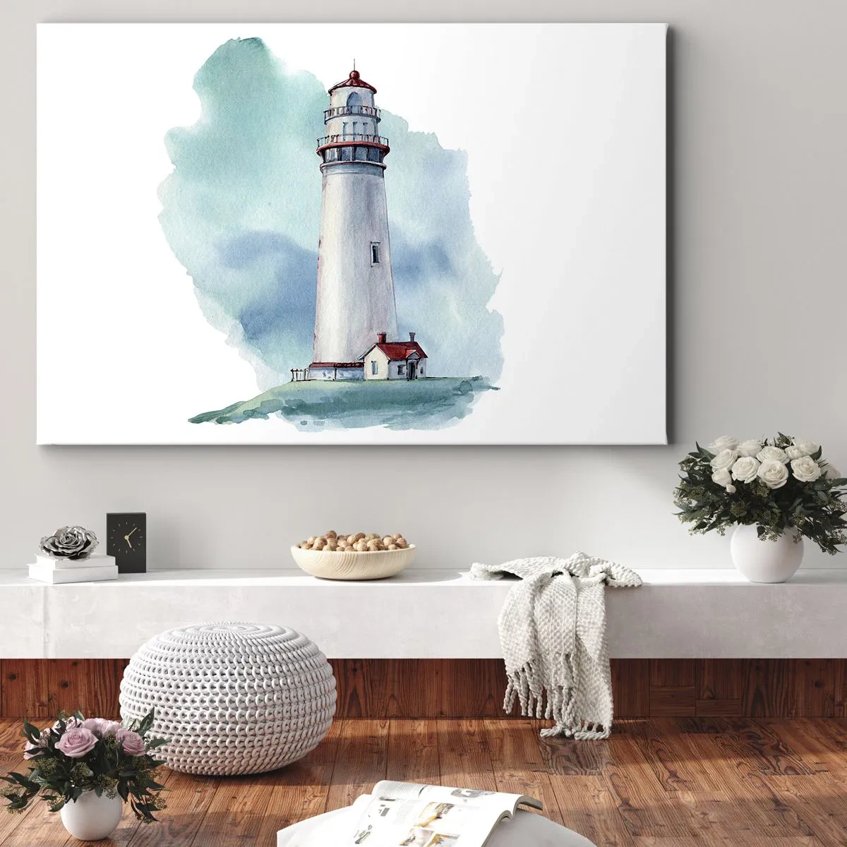 Tablou pe pânză Canvas - Un far pe un fundal albastru acuarelă - 70x50cm - Sora blândă a albastrului - Decorațiune modernă pentru perete pentru living și dormitor ARTTOR