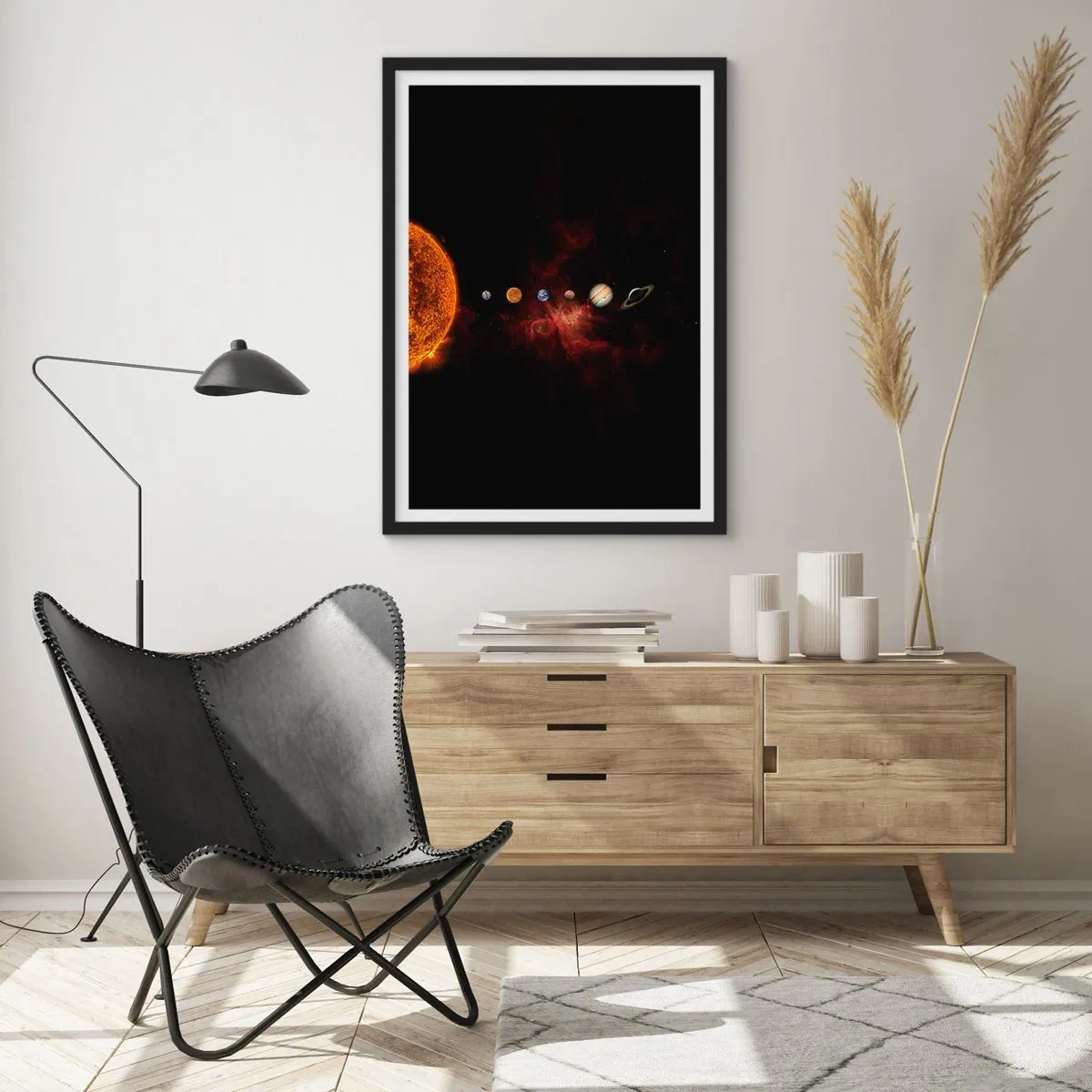 Poster în ramă neagră - Sistemul solar cu planete pe fundalul spațiului - 50x70cm - Cartierul nostru - Decorațiune modernă pentru perete pentru living și dormitor ARTTOR