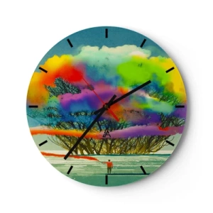 Ceas de perete - Ceas pe sticlă - O figură pe fundalul unor nori colorați și siluete de copaci - 30x30cm - Aducând această lume la viață - Decorațiune modernă pentru perete pentru living, bucătărie și dormitor ARTTOR