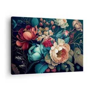 Tablou pe pânză Canvas - O compoziție colorată de flori pe un fundal întunecat - 70x50cm - Farmecul secolului al XIX-lea - Decorațiune modernă pentru perete pentru living și dormitor ARTTOR