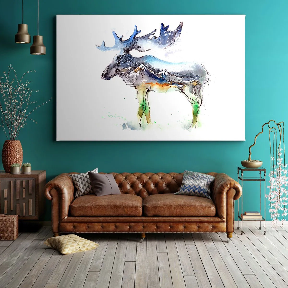 Tablou pe pânză Canvas - Siluetă în acuarelă a unui elan cu un peisaj montan - 70x50cm - Eroul poveștii de iarnă - Decorațiune modernă pentru perete pentru living și dormitor ARTTOR