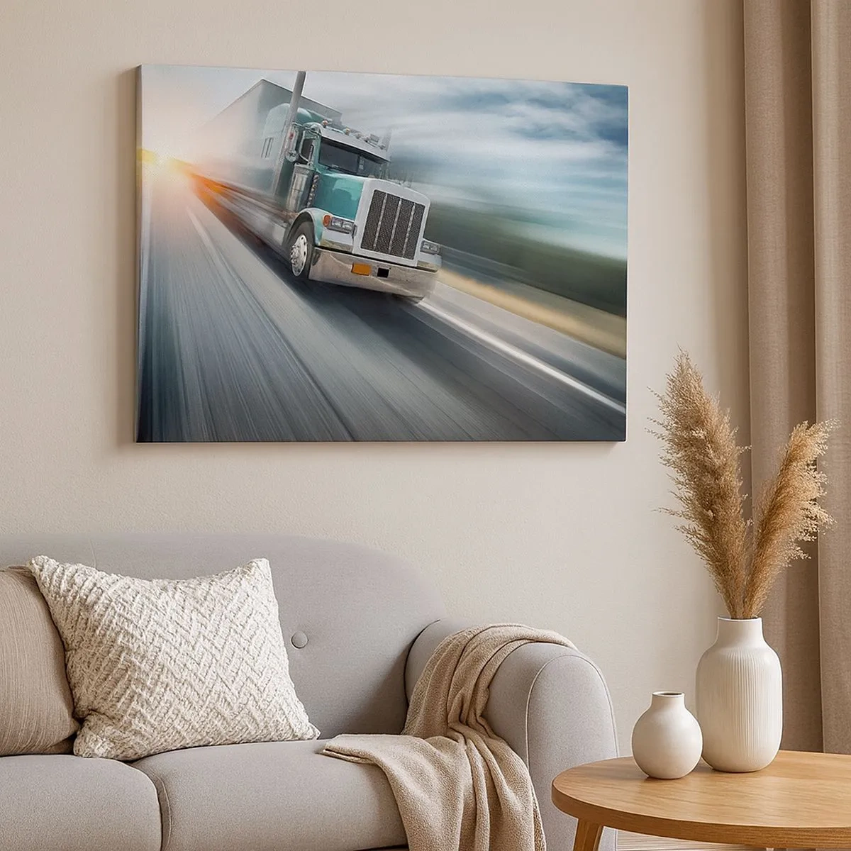 Tablou pe pânză Canvas - Un camion pe autostradă în mișcare la apus - 70x50cm - Gigant american în mișcare - Decorațiune modernă pentru perete pentru living și dormitor ARTTOR