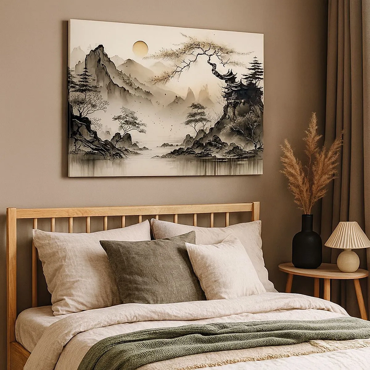 Tablou pe pânză Canvas - Un peisaj oriental cu munți și o pagodă în nuanțe delicate. - 70x50cm - Farmecul unic al Orientului - Decorațiune modernă pentru perete pentru living și dormitor ARTTOR