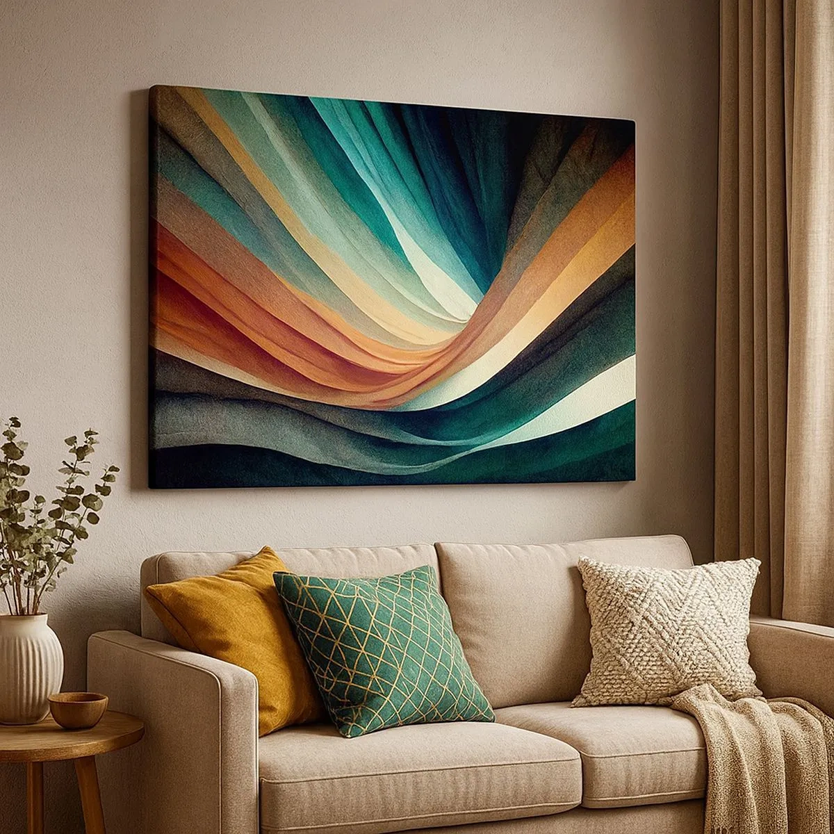 Tablou pe pânză Canvas - Valuri abstracte în nuanțe calde și reci - 70x50cm - Țesute din culori - Decorațiune modernă pentru perete pentru living și dormitor ARTTOR