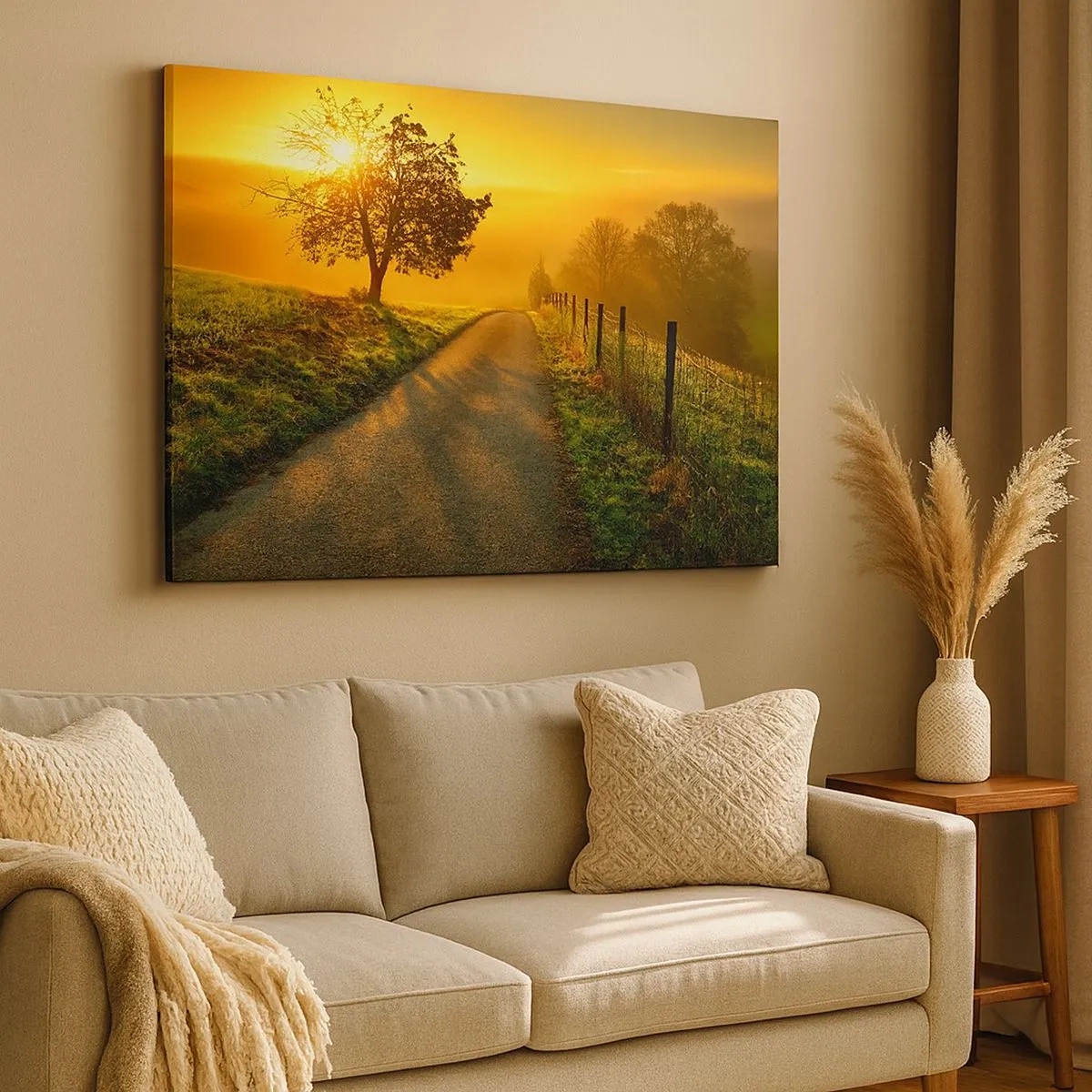 Tablou pe pânză Canvas - Un drum pitoresc la apus, cu un copac singuratic în fundal - 70x50cm - O după-amiază de miel - Decorațiune modernă pentru perete pentru living și dormitor ARTTOR